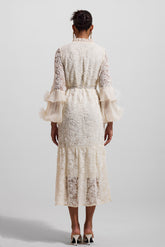 Solid Lace 3D Floral Midi Dress With Faux Pearl Belt